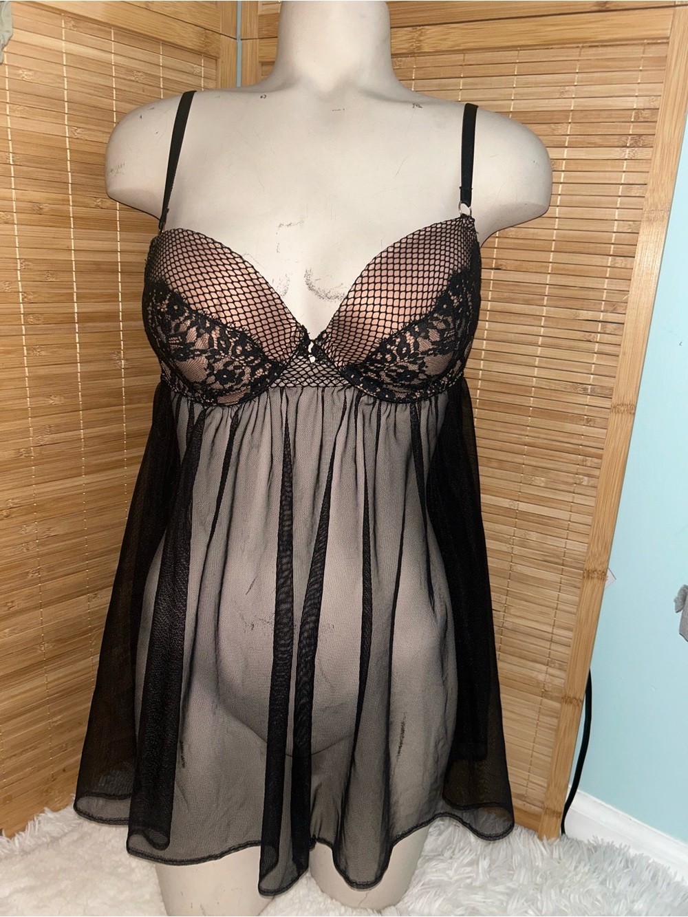 Victoria’s Secret Women's Black Lace Babydoll Nightgown chemise bra 36C